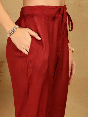 Maroon Rayon Blend Floral Printed Straight Kurti Pant With Dupatta