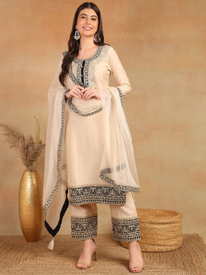 Cream Silk Blend Solid Embroidered Straight Kurti Pant With Dupatta