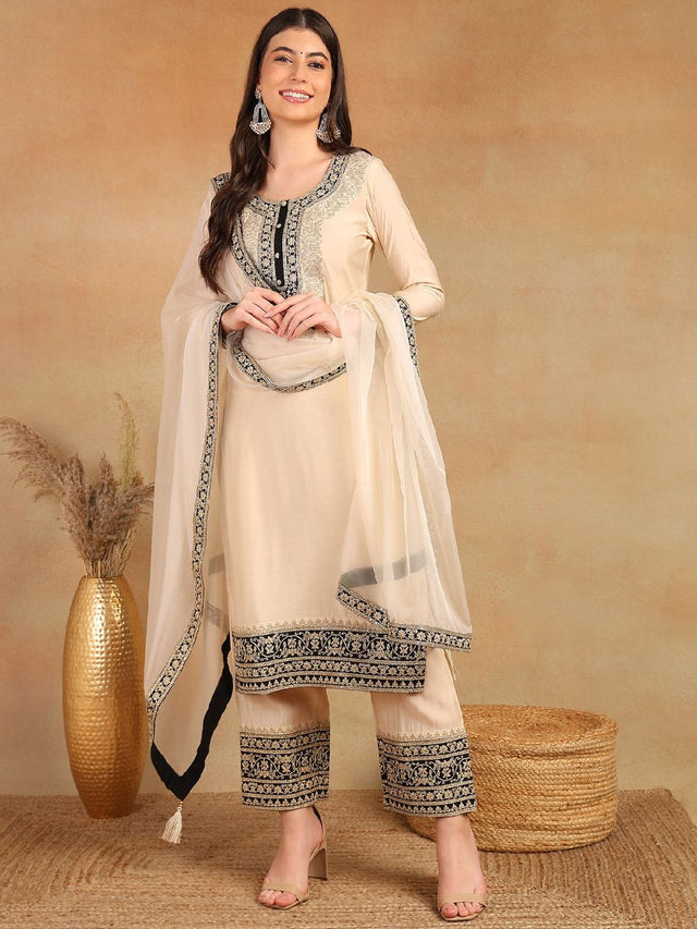 Cream Silk Blend Solid Embroidered Straight Kurti Pant With Dupatta
