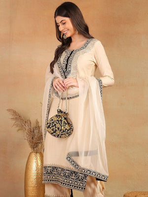 Cream Silk Blend Solid Embroidered Straight Kurti Pant With Dupatta
