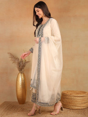 Cream Silk Blend Solid Embroidered Straight Kurti Pant With Dupatta