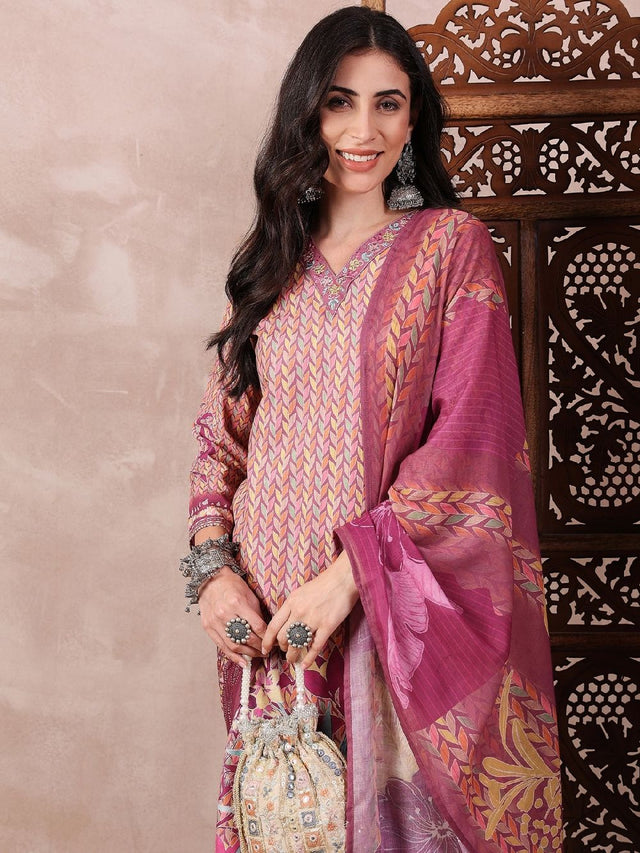 Multi Silk Blend Floral Printed Straight Kurti Pant With Dupatta