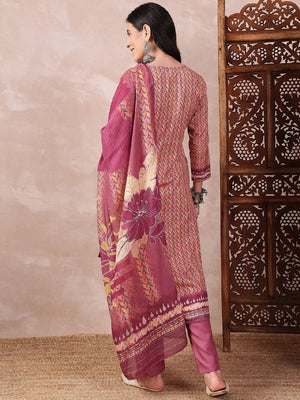 Multi Silk Blend Floral Printed Straight Kurti Pant With Dupatta