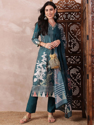 Teal Silk Blend Abstract Printed Straight Kurti Pant With Dupatta