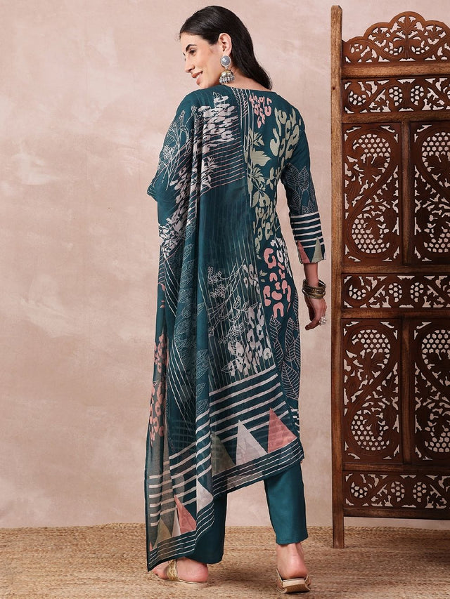 Teal Silk Blend Abstract Printed Straight Kurti Pant With Dupatta