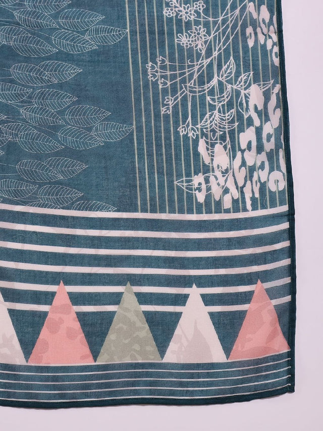 Teal Silk Blend Abstract Printed Straight Kurti Pant With Dupatta
