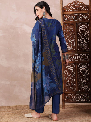 Blue Silk Blend Floral Printed Straight Kurti Pant With Dupatta