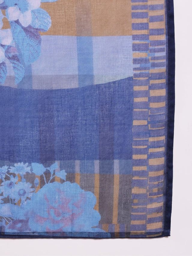 Blue Silk Blend Floral Printed Straight Kurti Pant With Dupatta