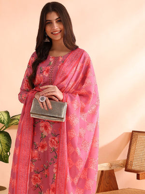 Pink Poly Rayon Floral Printed Straight Kurti Pants With Dupatta