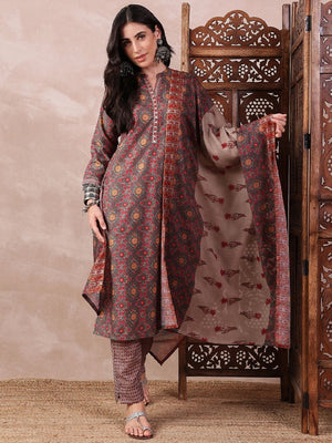 Green Poly Cotton Floral Printed Straight Kurti Pant With Dupatta