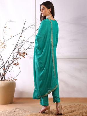 Teal Organza Abstract Woven Design Straight Kurti Pant With Dupatta
