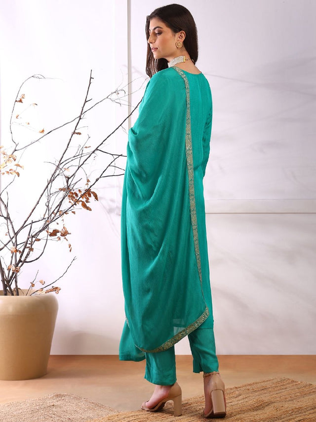 Teal Organza Abstract Woven Design Straight Kurti Pant With Dupatta