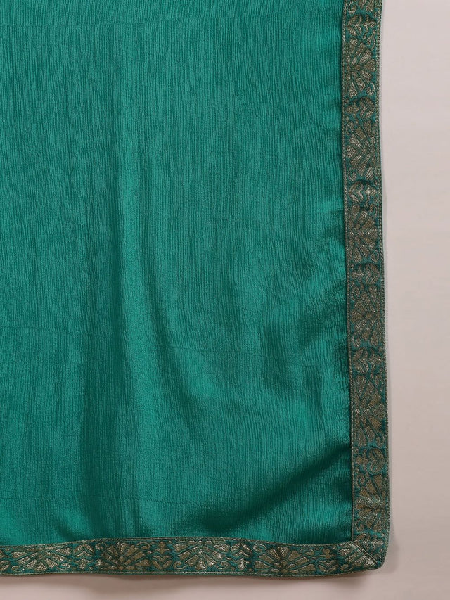 Teal Organza Abstract Woven Design Straight Kurti Pant With Dupatta