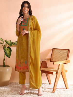 Mustard Silk Blend Abstract Woven Design Straight Kurti Pants With Dupatta