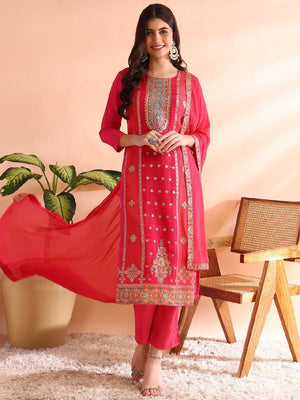 Pink Organza Ethnic Motifs Woven Design Straight Kurti Pants With Dupatta