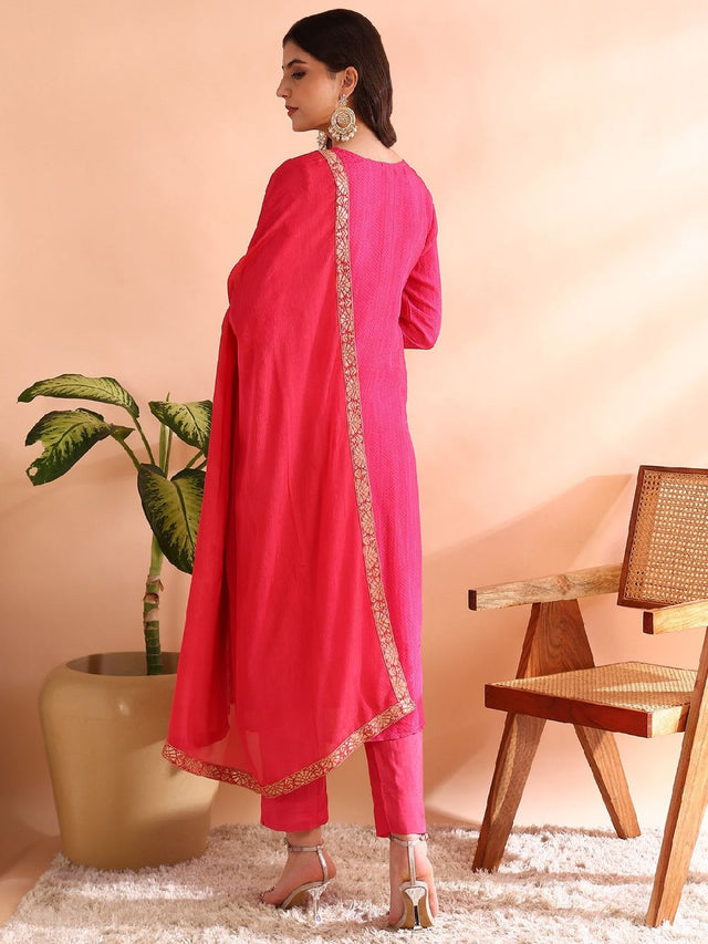 Pink Organza Ethnic Motifs Woven Design Straight Kurti Pants With Dupatta
