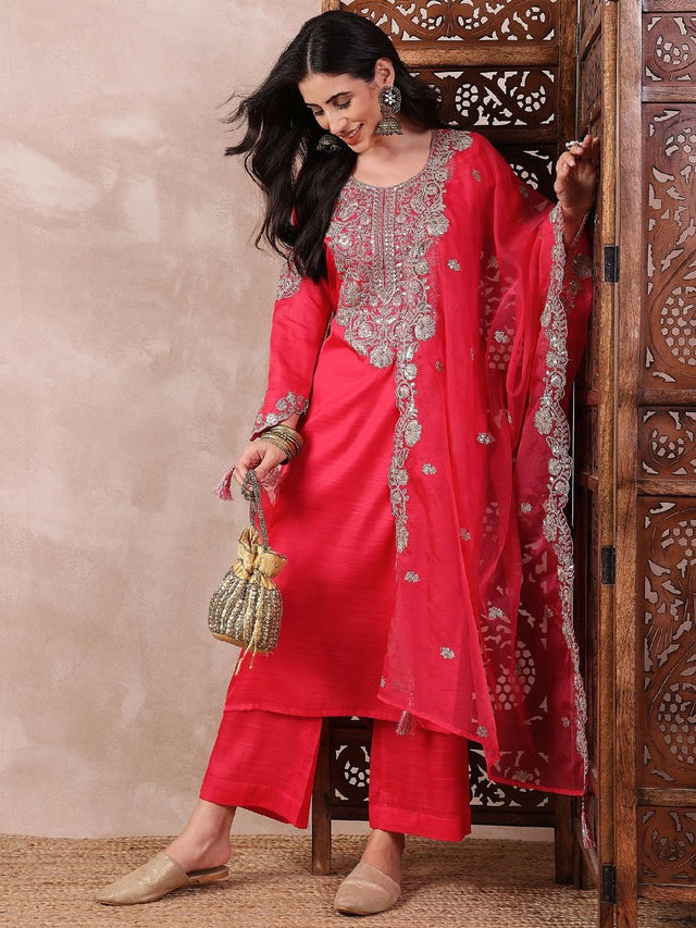 Pink Silk Blend Solid Embroidered Straight Kurti Palazzo With Dupatta