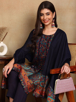 Navy Blue Chanderi Woven Design Straight Kurti Pant With Dupatta
