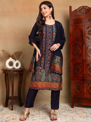 Navy Blue Chanderi Woven Design Straight Kurti Pant With Dupatta