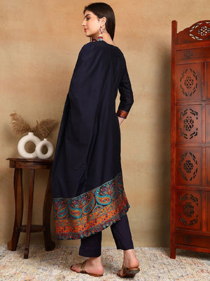 Navy Blue Chanderi Woven Design Straight Kurti Pant With Dupatta