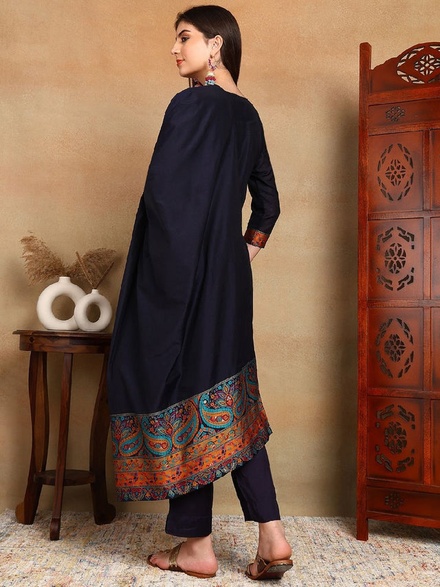 Navy Blue Chanderi Woven Design Straight Kurti Pant With Dupatta