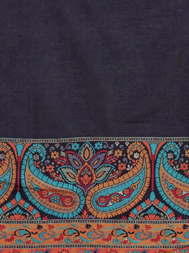 Navy Blue Chanderi Woven Design Straight Kurti Pant With Dupatta