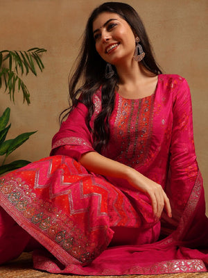 Pink Silk Ethnic Motifs Woven Design Straight Kurti Pants With Dupatta