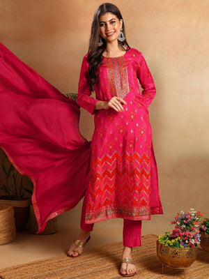 Pink Silk Ethnic Motifs Woven Design Straight Kurti Pants With Dupatta