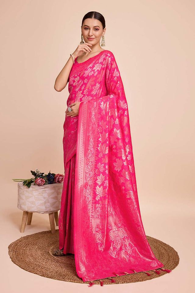 Pink Pure Silk Zari  Saree (N2ZSATIPANJARI03)