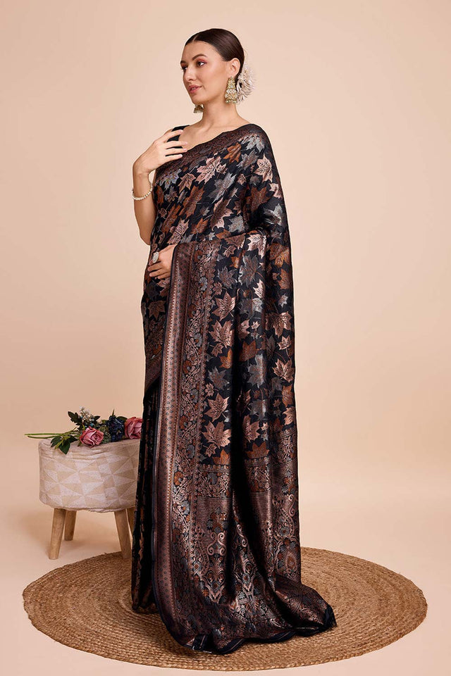 Black Pure Silk Zari  Saree (N2ZSATIPANJARI04)