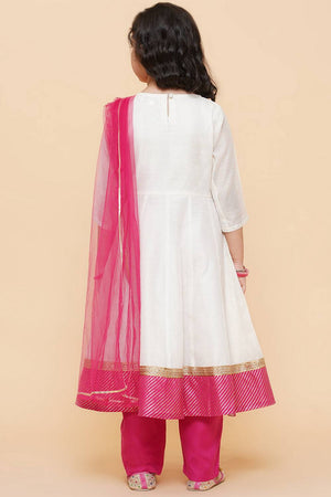 Girl's White Embroidered Cotton Kurta Set