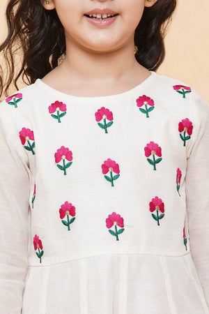 Girl's White Embroidered Cotton Kurta Set