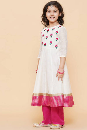 Girl's White Embroidered Cotton Kurta Set