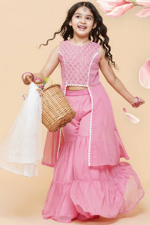 Girl's Pink Sequence With Embroidered Georgette Kurta Set