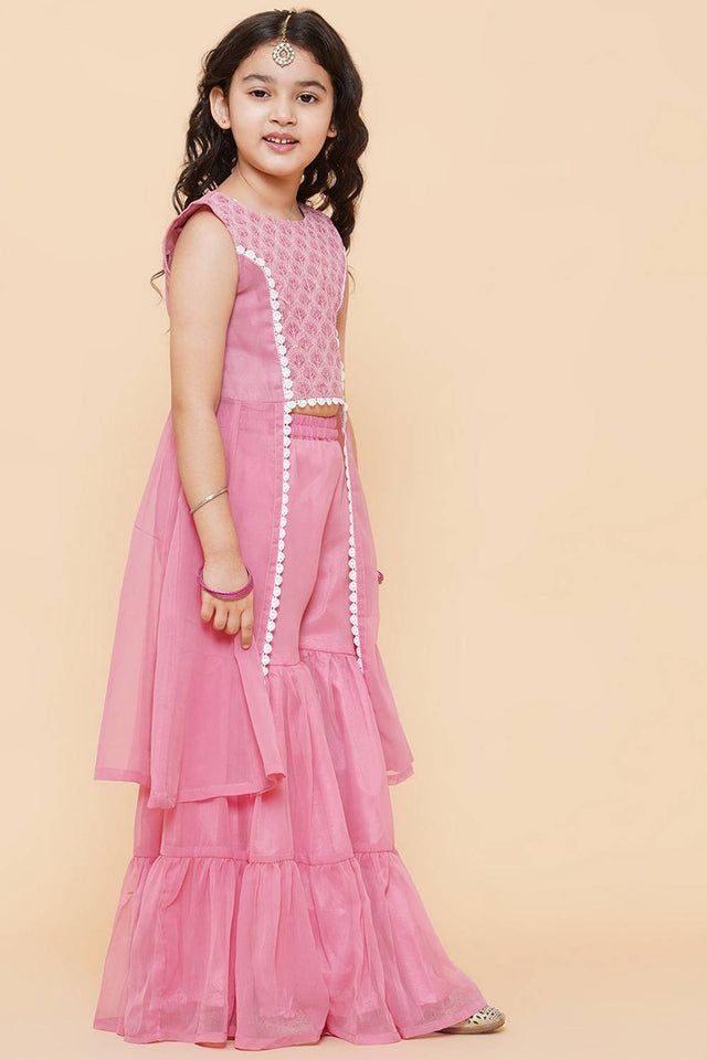 Girl's Pink Sequin With Embroidered Georgette Kurta Set