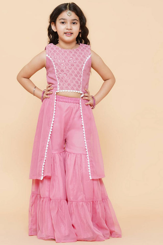 Girl's Pink Sequin With Embroidered Georgette Kurta Set