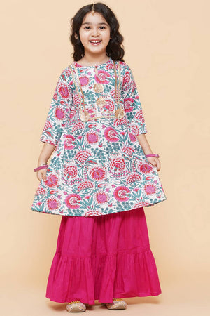 Girl's White Floral Printed Cotton Kurta Set