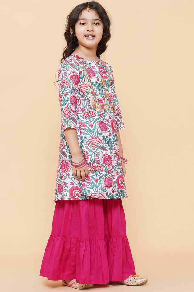 Girl's White Floral Printed Cotton Kurta Set
