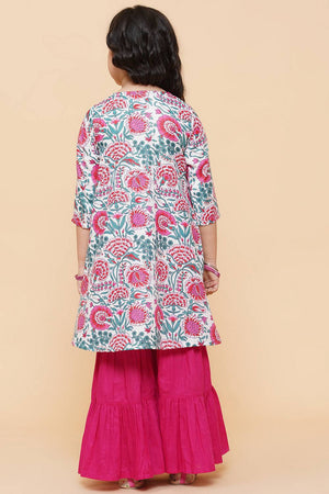 Girl's White Floral Printed Cotton Kurta Set