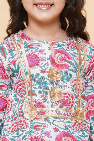 Girl's White Floral Printed Cotton Kurta Set