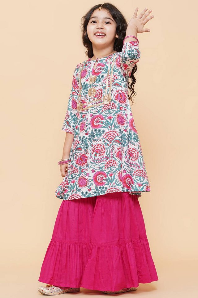 Girl's White Floral Printed Cotton Kurta Set