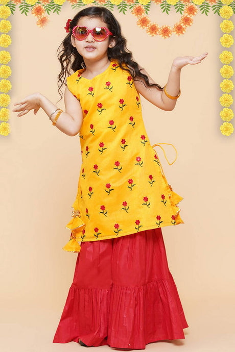 Girl's Yellow Embroidered Chanderi Kurta Set