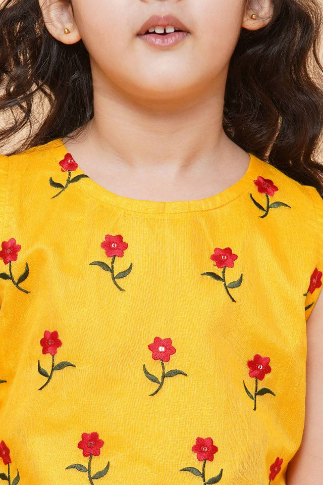 Girl's Yellow Embroidered Chanderi Kurta Set