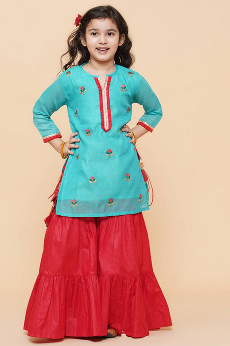 Girl's Blue Embroidered Cotton Kurta Set