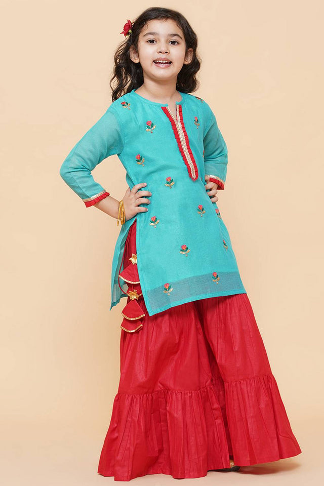 Girl's Blue Embroidered Cotton Kurta Set