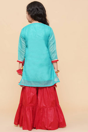 Girl's Blue Embroidered Cotton Kurta Set