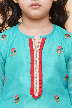 Girl's Blue Embroidered Cotton Kurta Set