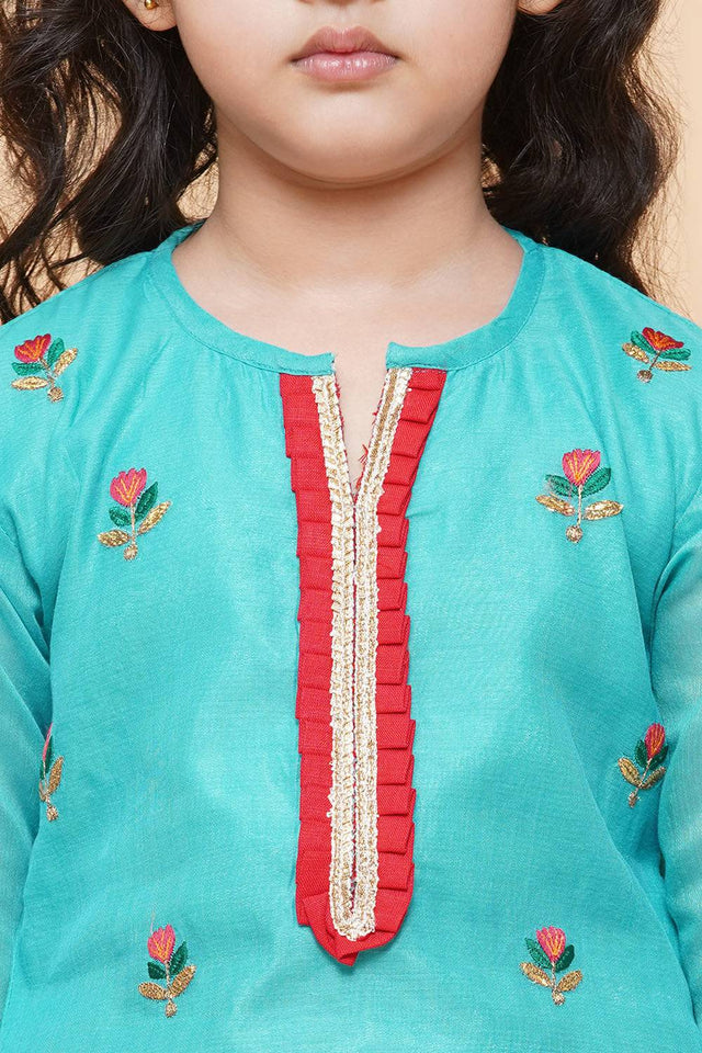 Girl's Blue Embroidered Cotton Kurta Set