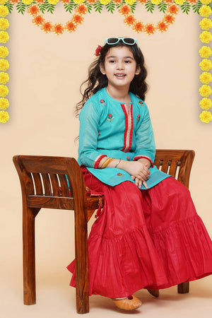 Girl's Blue Embroidered Cotton Kurta Set