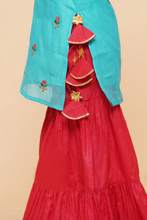 Girl's Blue Embroidered Cotton Kurta Set